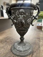 19 Cent French Pewter Chalice Cherubs Goblet Handles Beautiful antique