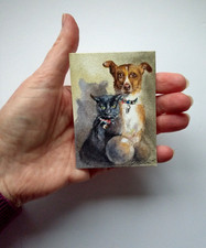 Original, Not A Print ,ACEO, Miniature  signed by myself. Cat & Dog. Collectable