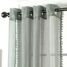 1 pair (2) POM POM Edge Linen Look Sheer Voiles Eyelet Ring Top Curtains DUCKEGG