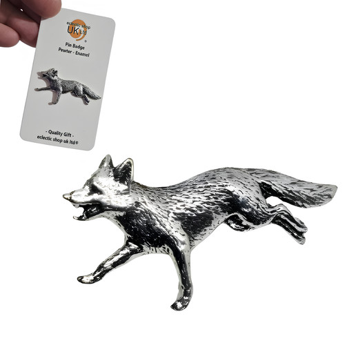 Running fox pin badge pewter - running,