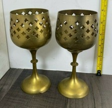 Candle Holders Brass Stemmed Pierced Goblet Candlesticks Vintage Pair 6" Large