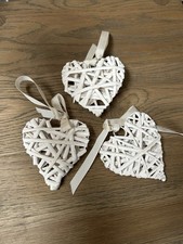 3 X white wicker heart hanging