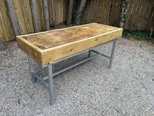 Vintage Butchers Block Heavy Oak Kitchen Island On Stainless Steel Stand 1.5m