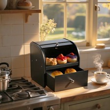 2Layers Large Bread Bin Food Storage Countertop Roll Top & Bottom Compartent Box