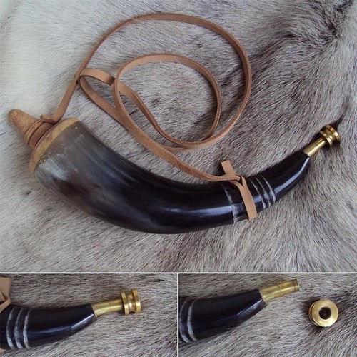 Large powder horn with - large, brass