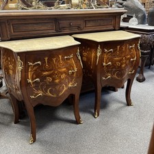 Pair Louis XVI Bedside Tables Lamp Side Kingwood Marquetry Marble Top & Drawers