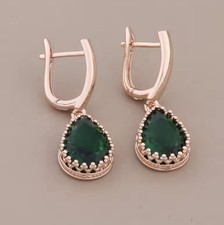 9ct Rose Gold filled  Teardrop Green Emerald Dangle Earrings FREE Box