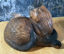 Vintage Large Hand Carved Wooden Sleeping Cat 9.5” Long x 7.25” Wide x 5” High