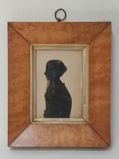 19th Century Paper Cut Silhouette Profile Portrait of a Lady in Burr Maple Frame