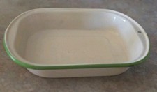 Antique Vintage Enamel Ware Baking Dish Cream and Green with Handles 10.5