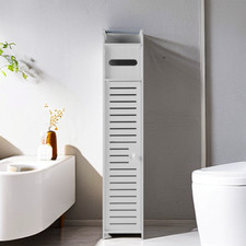 UK Wooden White Free Standing Toilet Paper Roll Holder Bathroom Storage Cabinet