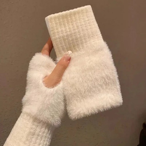 Fluffy knit fingerless gloves - knit,