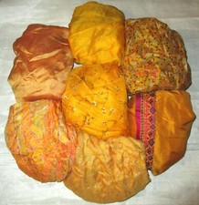UK LOT PURE SILK Vintage Sari REMNANT Fabric 7 Pcs 1 foot ech Golden #ABM3X