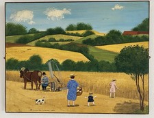 Charming French Naive Country Landscape Titled Harvest Time. Signed 1935