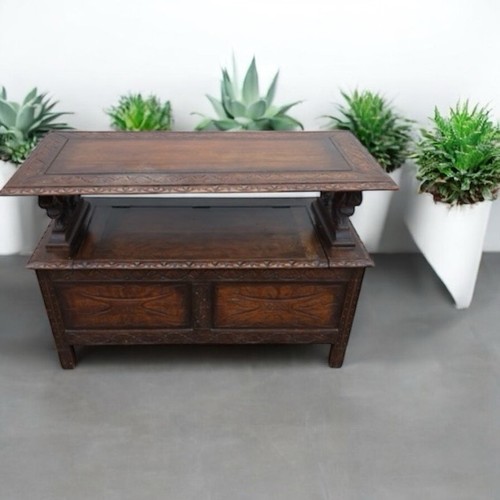 Antique carved oak monks bench - antique,