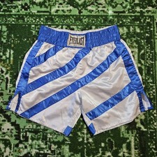 Vintage Everlast Satin Boxing Shorts White Stripes Blue 1970s Workout Training