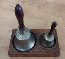 2 Antique Hand Bells On Wooden Stand 10 WH 5 School Musical Church Old Bells