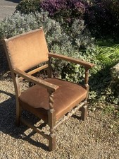 Vintage Brown Velour Oak Arm Chair With Studs & Barley Twist Accents Project