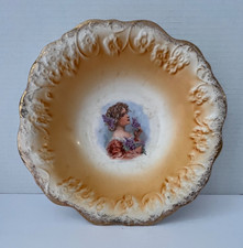 Antique Limoges China Portrait Bowl Hand Painted Gold Embossed Rim 9" Displayed