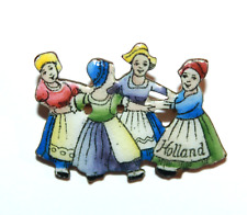 NETHERLANDS: Dutch Dancing Ladies Vintage Enamelled Pin Badge/Brooch "Holland"