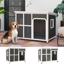 Wooden Dog House, Outdoor Dog Kennel with Openable Top, Curtain