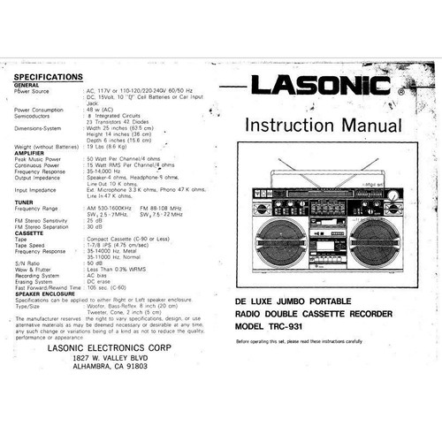 Lasonic trc931 boombox owner - trc931,