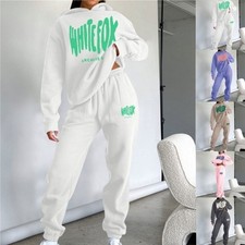 UK Ladies White Tracksuit Causal Outfits Hoodie Trousers Womens Fox Workout Set-