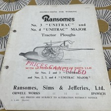 Ransomes no3/4 Unitrac  tractor  plough instructions & parts 21 page manual 1949