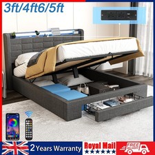NEW OTTOMAN STORAGE UPHOLSTERED BED FRAME WITH SOCKET & LED LIGHT & DRAWER Mmzdc
