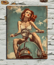 Girl On Moped Vintage Look Retro Style Metal Sign plaque,  bar mancave pub shed