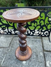 Beautiful Vintage Oak Barley Twist Carved Top Plant Stand Display Pedestal