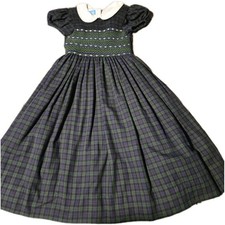 Anavini Hand Smocked  Dress Girls Size 7 Green Plaid 