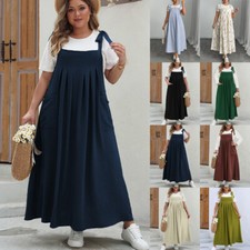 UK Women Overalls Summer Strappy Pocket Baggy Maxi Pleated Dress Plus Size 14-24