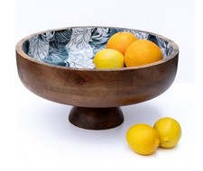 Foxglove Goods Wooden Fruit Bowl Basket With Watercolor Artwork Enamel 14”