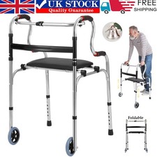 Folding Walking Frame with seat Mobility Walker Adjustable Zimmer Walking Aid UK
