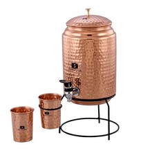 Copper Water Dispenser Matka Tank Pot 5 liter with 2 Glass and Iron Stand