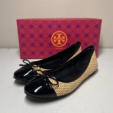 TORY BURCH Shoes Catherine Raffia Blue Cap Patent Leather Ballet Flats Size 7