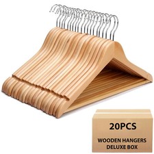 20 x WOODEN COAT HANGERS SUIT GARMENTS CLOTHES WOOD HANGER TROUSER BAR SET