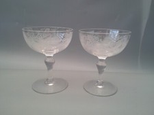 Antique etched crystal  champagne saucers coupes grape & vine