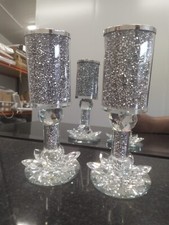 Set of 2  Crystal Round Candle Holder Clear Silver Glass Crushed Diamond Stand