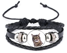 Manx Cat Pet Black Leather Bracelet And Velvet Gift Bag