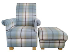 Balmoral Duck Egg Fabric Adult Chair & Footstool Armchair Tartan Check Accent