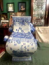 QING DYNASTY 19TH CENTURY  PORCELAIN VASE BLUE & WHITE WITH HANDLES NICE!!!