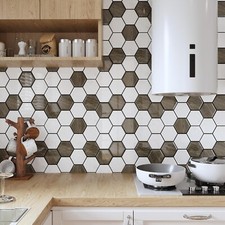 Self Adhesive Wall Tiles Hexagonal White and Brown 12" x 12" Mosaic Pack of 16