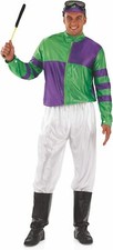 Mens Green & Purple Jockey Costume Adult Horse Racing Rider Fancy Dress S - XL
