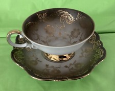 Vintage Bavaria Porcelain Eberthal W Germany Footed Gold Floral Teacup & Saucer