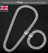 Cuban Necklace Iced Diamond Chain Ideal Gift For Men's + FREE Iced Bracelet UK