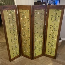 Vintage Handmade four-panel wooden room divider with embroidered fabric panels