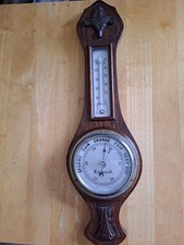 Vintage Solid Oak Hand Carved Banjo Barometer thermometer