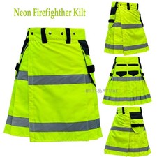 Men's Scottish Neon Green Firefighter Kilt Reflector Tape Utility Kilt